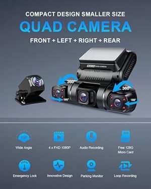 PRUVEEO 360 Degree View 4 Channel Dash Cam Front and Rear Inside Left Right Dash Camera for Cars Builtin GPS WiFi Night Vision 247 Recording Parking Mode Monitor Free 128G Card