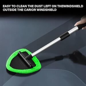 Windshield Cleaner Car Window Cleaning Tool with Extendable Handle 3 Washable Reusable Microfiber Cloth Pads Auto Interior Exterior Glass Wiper Kit Supplies Car Accessories (Green)
