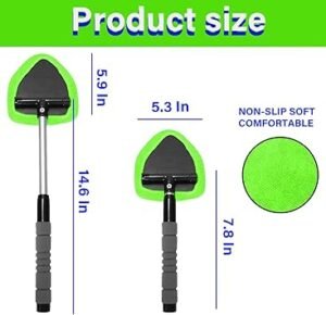Windshield Cleaner Car Window Cleaning Tool with Extendable Handle 3 Washable Reusable Microfiber Cloth Pads Auto Interior Exterior Glass Wiper Kit Supplies Car Accessories (Green)
