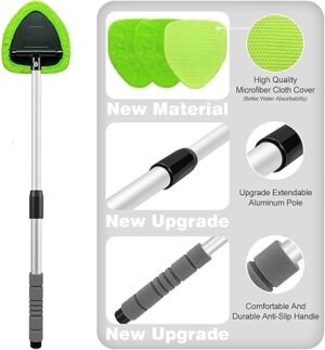 XINDELL Windshield Cleaner Tool – Car Interior Window Cleaning Kit with Extendable Handle 4 Microfiber Pads Auto Washing Brush for Car Trucks SUVs RVs Home Windows