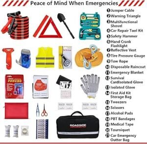 Car Emergency Roadside Tool Kit with Jumper Cable ShovelAuto Truck Vehicle Assistant Safety Kit Bag for Men Women with First Aid Kit Winter Basic Automobile Road Side Kit