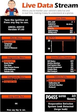 ANCEL AD310 Classic Enhanced Universal OBD II Scanner Car Engine Fault Code Reader CAN Diagnostic Scan Tool Read and Clear Error Codes for 1996 or Newer OBD2 Protocol Vehicle (Black)