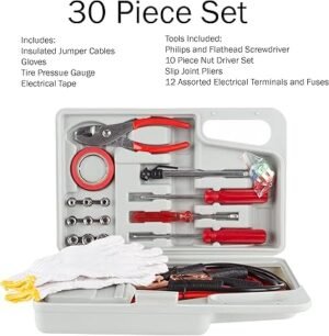 81-S74eXqjL._AC_SX425_.jpg Roadside Emergency Car Kit 30Piece Road Trip Essentials Tool Set with Jumper Cables and Carrying Case for Car Truck or RV by Stalwart