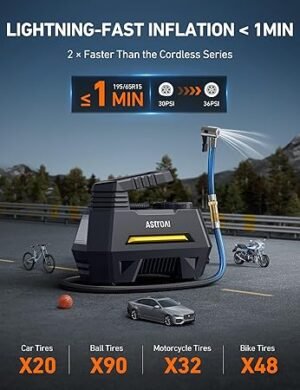 AstroAI Tire Inflator Portable Air Compressor Tire Air Pump for Car Tires Car Accessories 12V DC Auto Pump with Digital Pressure Gauge Emergency LED Light for Bicycle Balloons Yellow