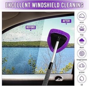 Baderke 10 Pcs Windshield Cleaner Tool Car Window Cleaning Supplies with Extendable Handle Include 6 Washable Microfiber Bonnets 2 Empty 60ml Spray Bottle Glass Wiper Kit(Purple)